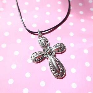y2k ornate silver cross pendant necklace black cord